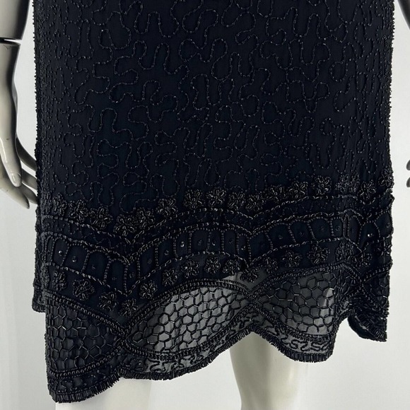 VTG J Kara Dress Size M Black Silk Allover Beaded High Neck Evening Cocktail - Picture 3 of 6